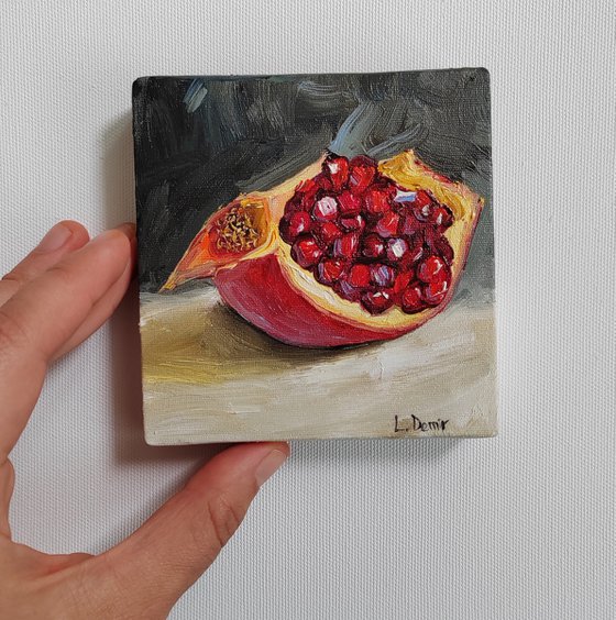 Pomegranate fruit still life oil painting realistic citrus wall decor 4x4"