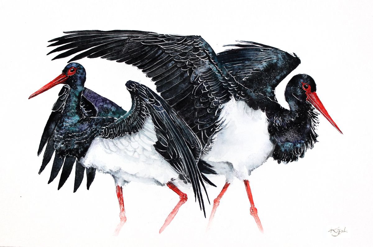 black storks-Original watercolors painting by Karolina Kijak