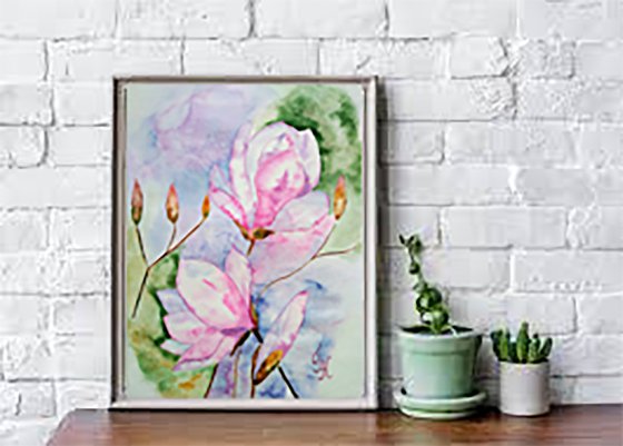 Magnolia blossoming pink magnolis flowers original watercolor painting magnolia branch" Spring beauty"