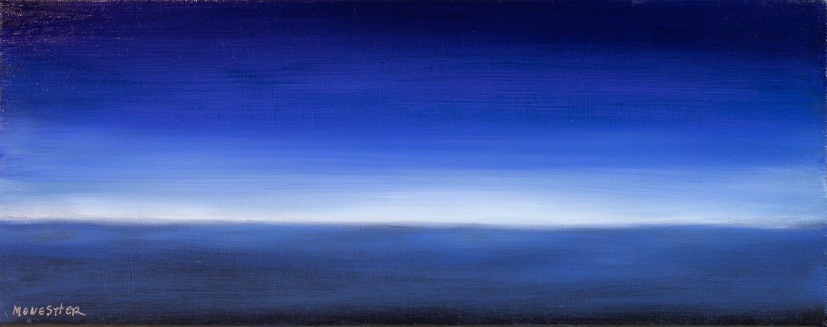 Abstract Landscape Oil Painting By Fabienne Monestier, 20 X 8, Blue Horizon, Original Artwork