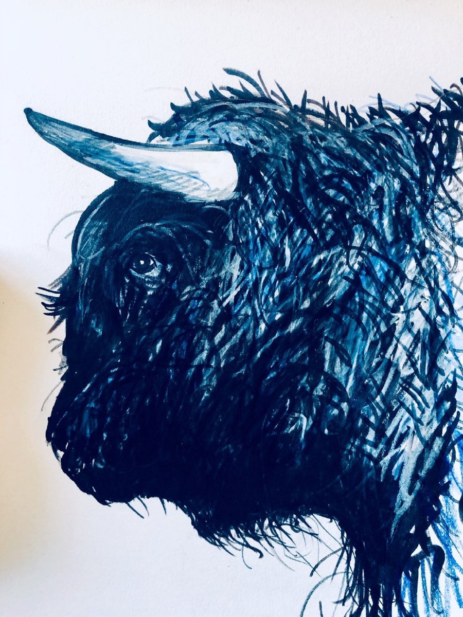 Expressive Animal Painting By Shabs Beigh, 12 X 17", Blue Bull Head, Original Artwork