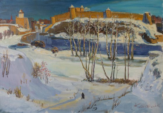 Ivangorod fortress, winter castle in the snow