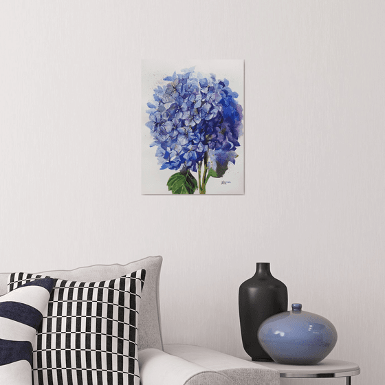 Blue hydrangea bouquet. Botanical painting