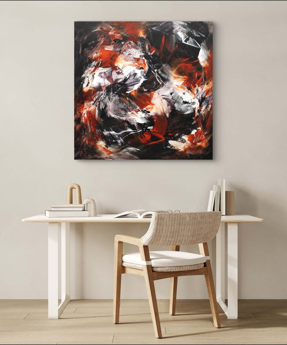 Expressive Abstract Acrylic Painting By Paresh Nrshinga Frsa, 40 X 40", Embers Of Motion, Original Artwork