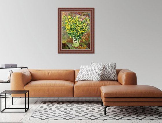 BOUQUET OF SUMMER FLOWERS - still-life, floral art, original painting oil on canvas,  wild flowers in vase, gift , Valentine's day, home decor 80x60cm