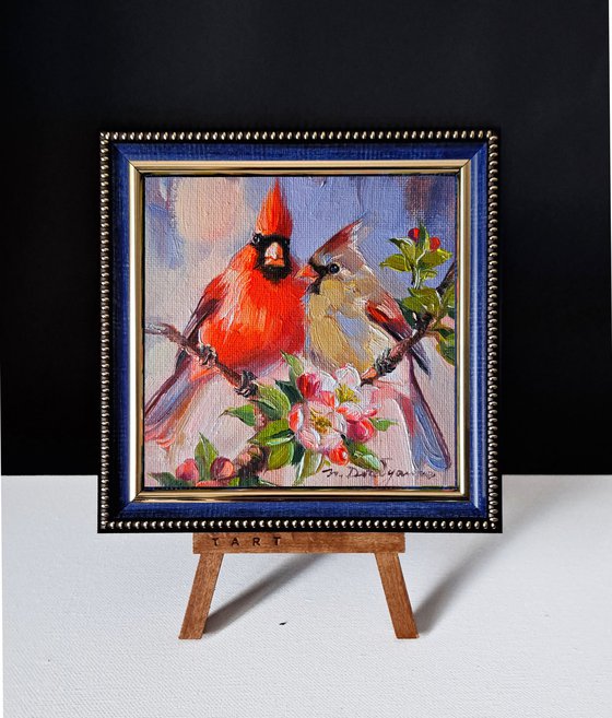 Two red bird Cardinal painting original oil canvas framed 5x5 inch, Love art gift for anniversary