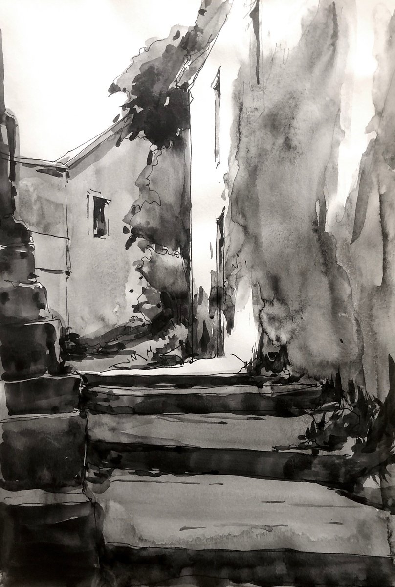 Impressionistic Cityscapes Ink Drawing By Olga Beloborodova, 11 X 16", Drawing 75, Original Artwork