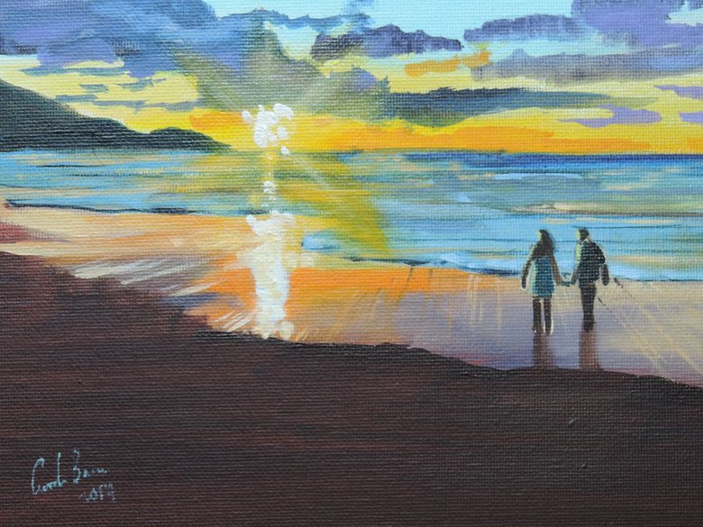 Holding hands at the beach sunset oil painting Oil painting by Gordon ...