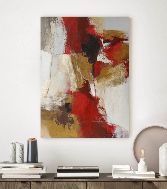 "Tango" Red gold burgundy abstract art