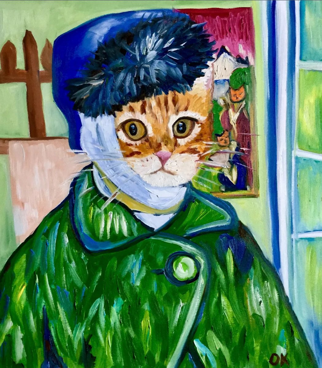 Impressionistic Animal Oil Painting By Olga Koval, 18 X 20", Confused Cat La Van Gogh, Original Artwork