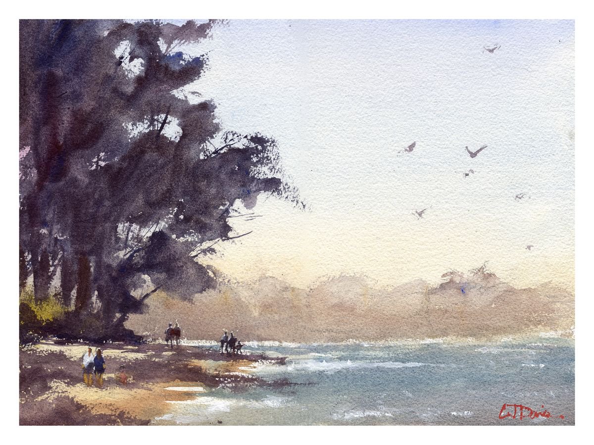 Impressionistic Landscape Watercolour By Cj Davis, 15 X 11, Kokololio Beach, Original Artwork