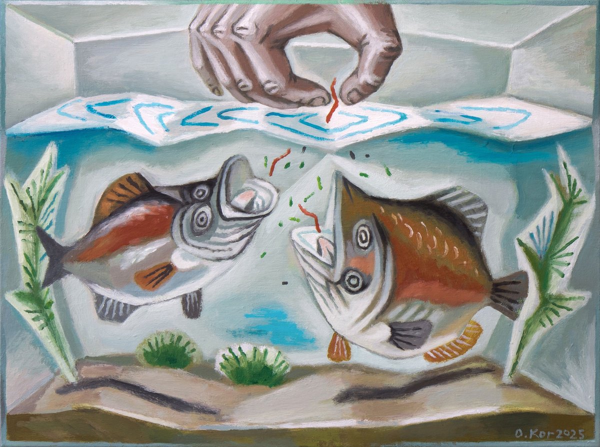 Urban And Pop Animal Acrylic Painting By Oleksandr Korol, 24 X 18", Aquarium, Original Artwork