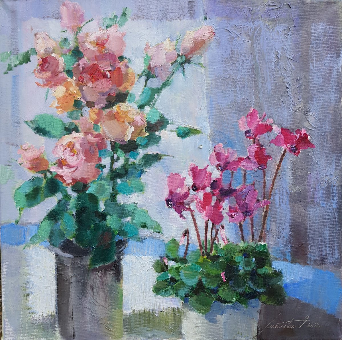 Impressionistic Botanical Oil Painting By Olha Laptieva, 20 X 20", Pink Mood, Original Artwork