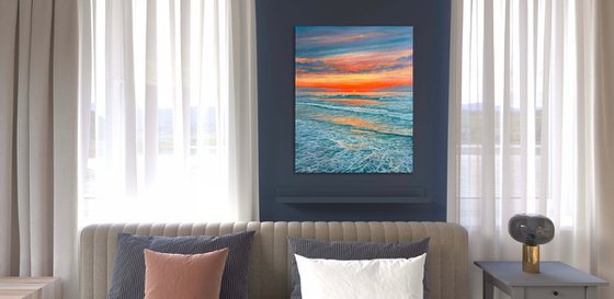 "Let The Sunshine In"- Original Oil painting of Sunset; Seascape; Ocean wall art; Coastal wall art; Wave canvas; Marine; Oil painting; Waves; Sea; Ocean.