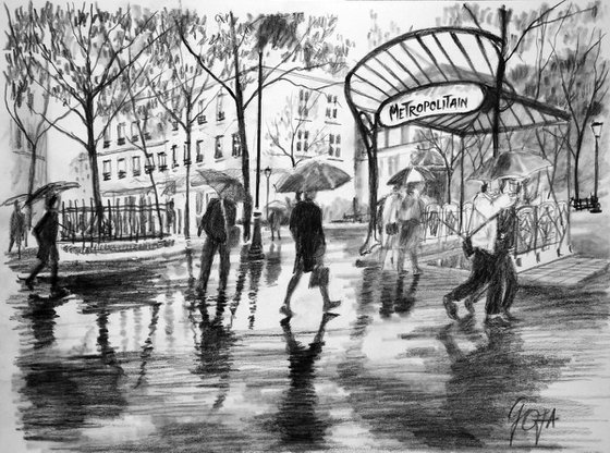 PARIS ICONIC PLACES - METRO ENTRANCE IN RAINY PARIS