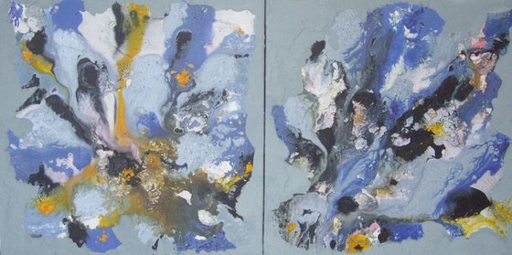 Abstract 1 and 2...Diptyque 2X50X50cm...Blue and yellow