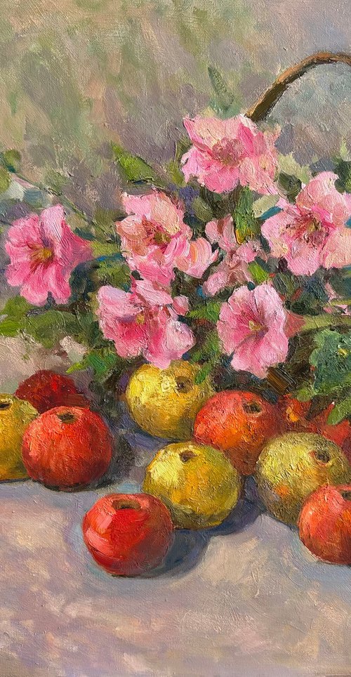 Apples and Mallow Flowers by Anna Novick