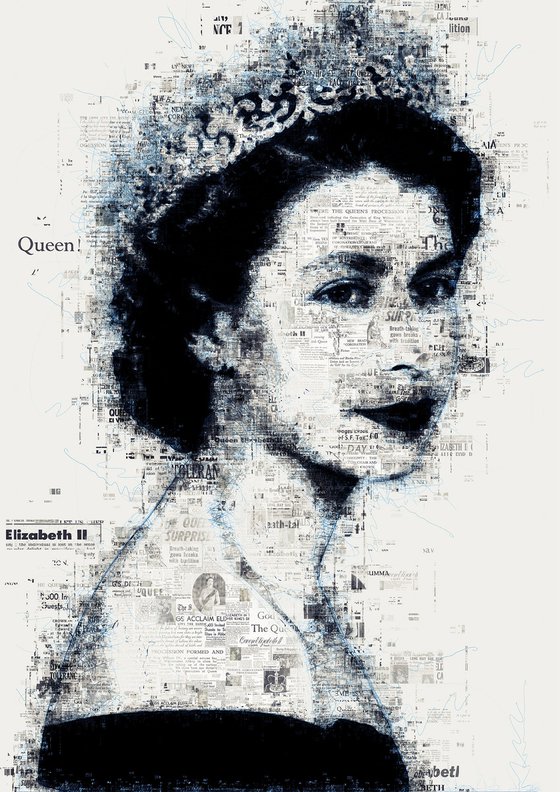 Queen Elizabeth II - Coronation Jubilee Newspapers Collage Blue Pen Drawing