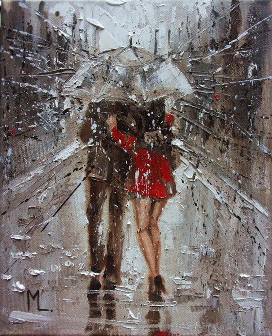 " WE IN THE RAIN ..." original painting CITY palette knife COUPLE