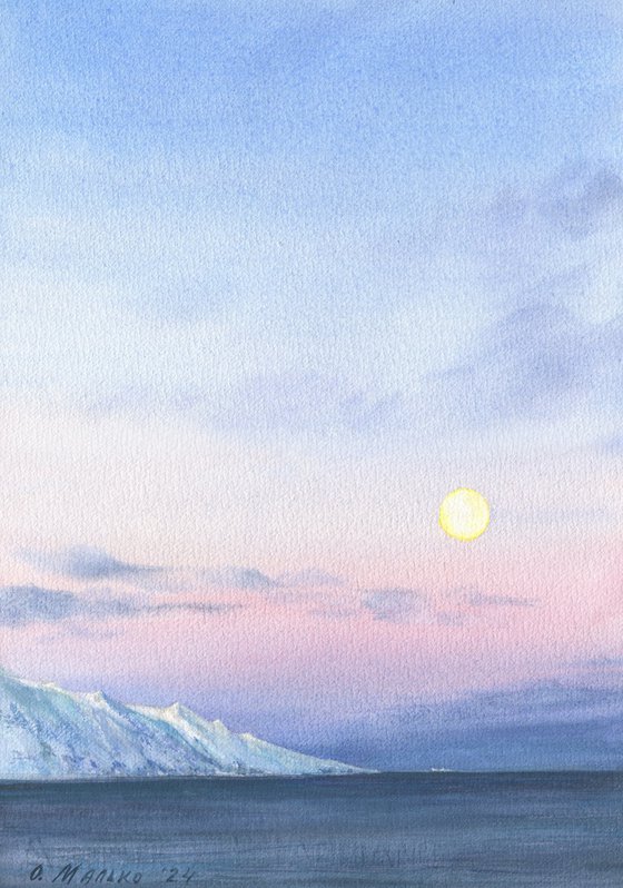 Somewhere in Iceland. Only you and the moon /ORIGINAL watercolor ~11x14in (28x38cm)