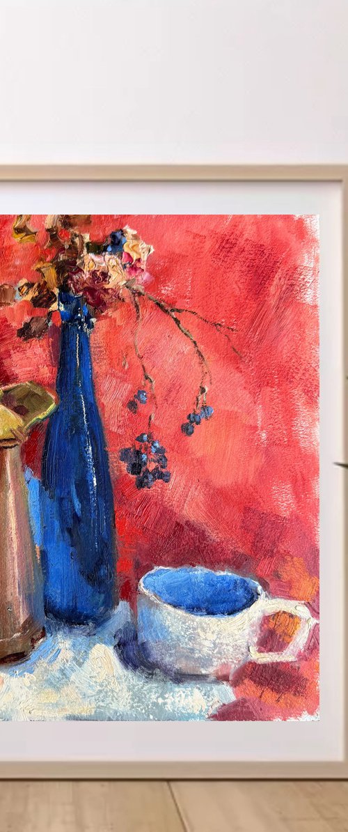 Blue on a red background by Olha Laptieva