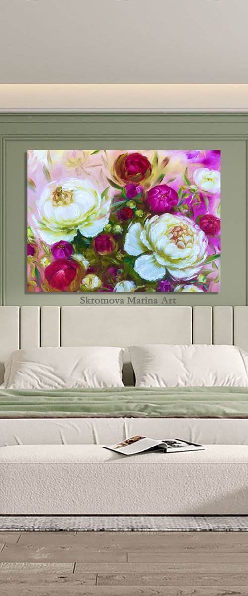 PEERING INTO THE SUMMER - Peonies. Pink flowers. Bright petals. Macro flowers. Floral decor. Summer flowers. Bedroom decoration. by Marina Skromova