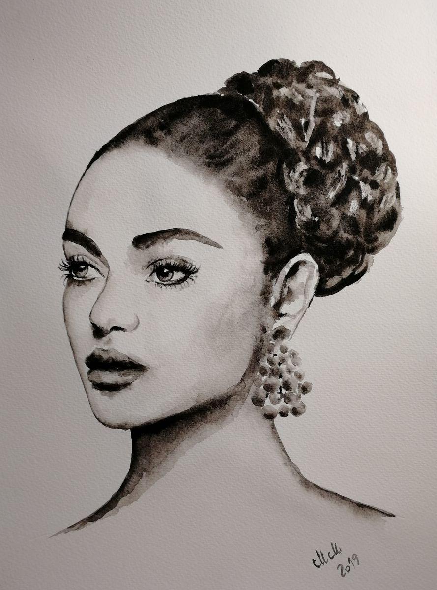 Beauty - black and white watercolor portrait by Mateja Marinko