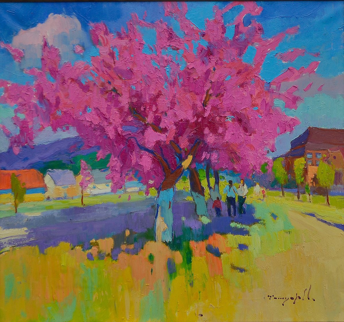 Impressionistic Cityscapes Oil Painting By Alexander Shandor, 26 X 24, Sakura Is Blooming, Original Artwork