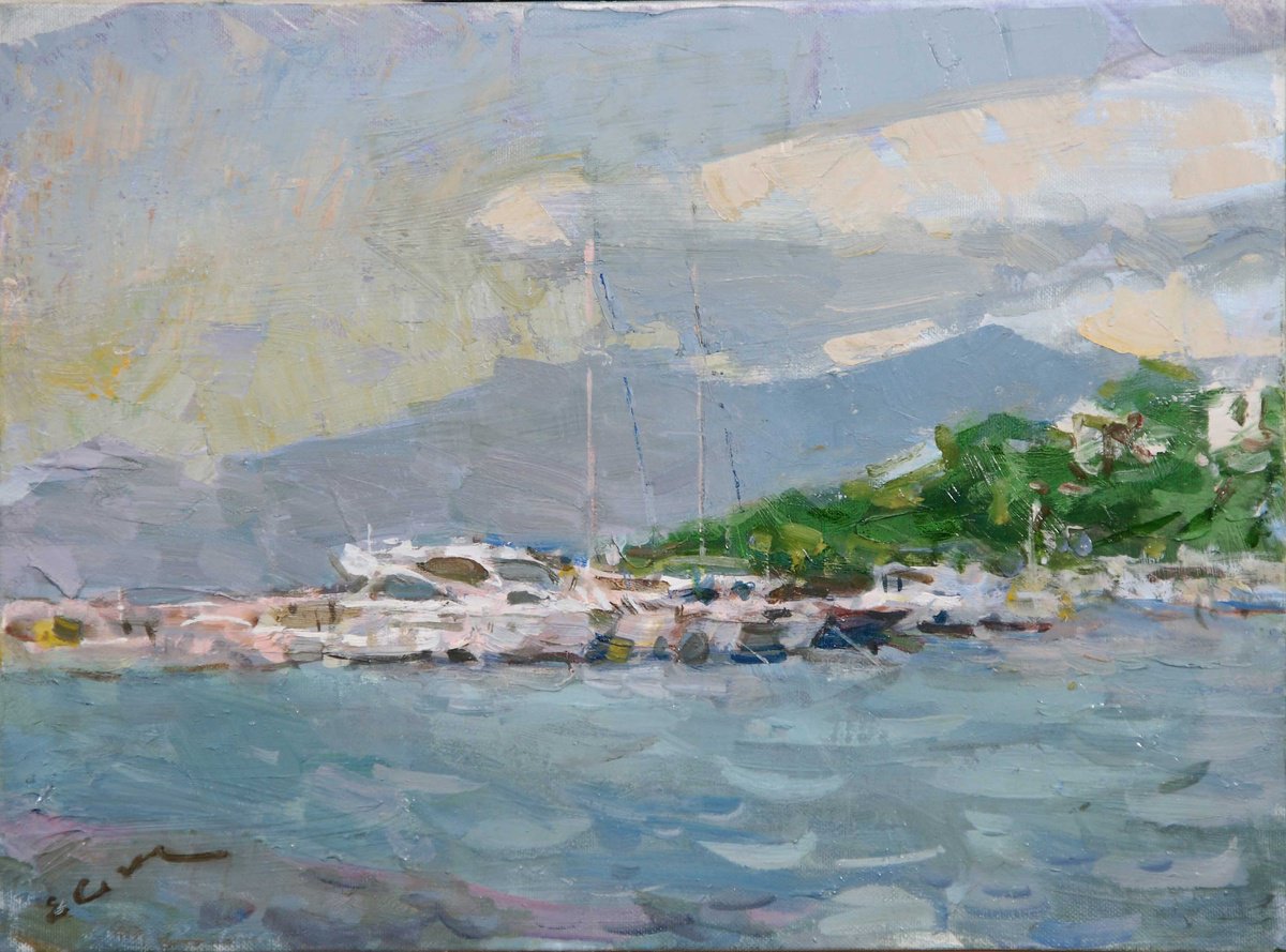 Impressionistic Landscape Oil Painting By Eugene Segal, 16 X 12, Brela, Croatia ,Yachts., Original Artwork