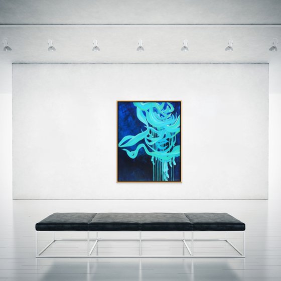 FREE FLOW. Teal, Navy, Blue Contemporary Abstract Seascape, Ocean Painting. Modern Textured Art