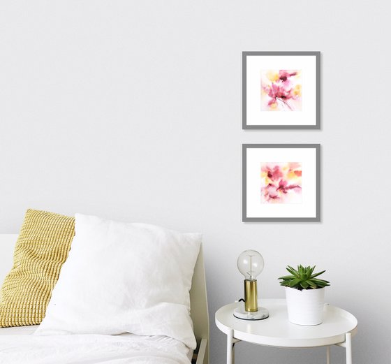 Pink flowers. Small watercolor floral painting set of 2