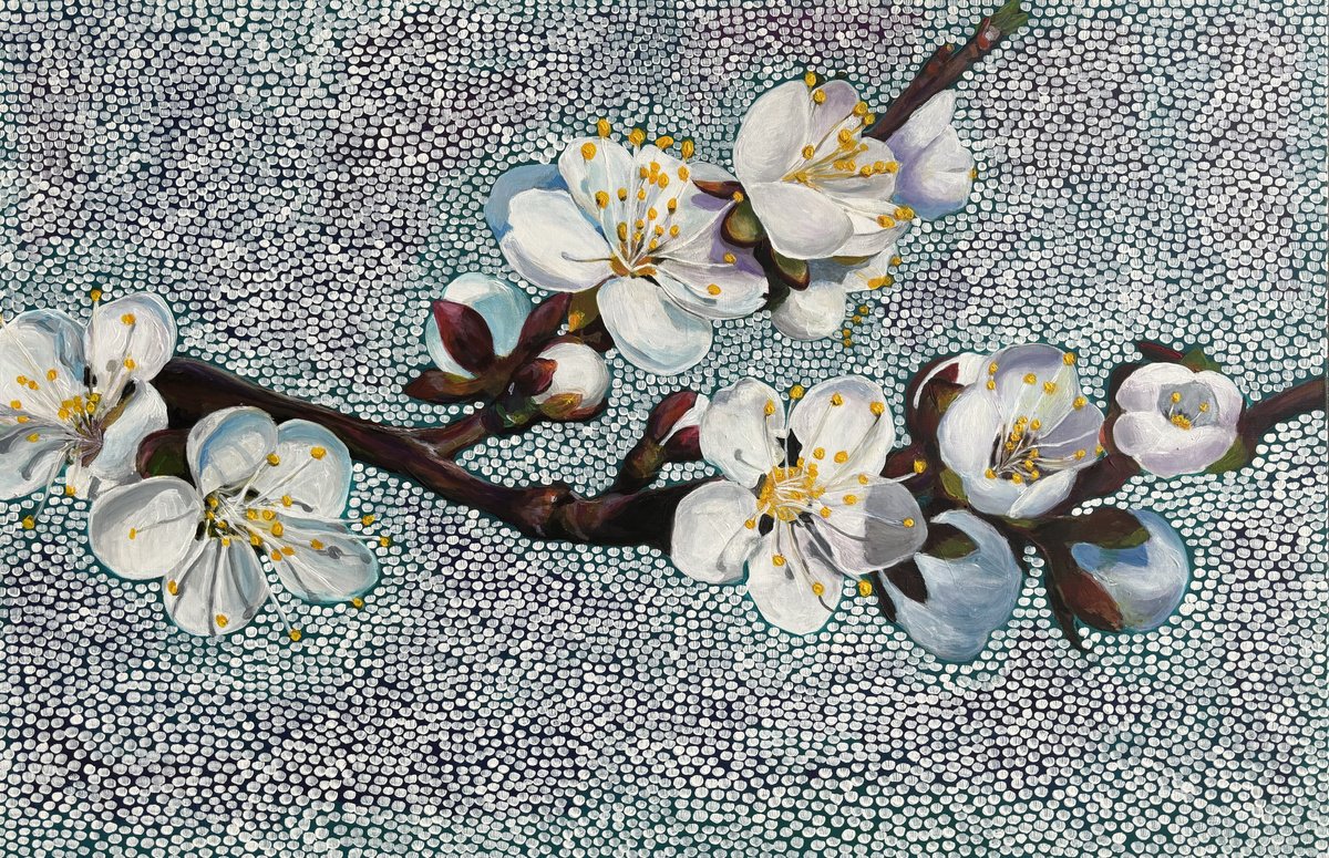 Impressionistic Botanical Acrylic Painting By Sun-Hee Jung, 45 X 30", White Cherry Blossom, Original Artwork