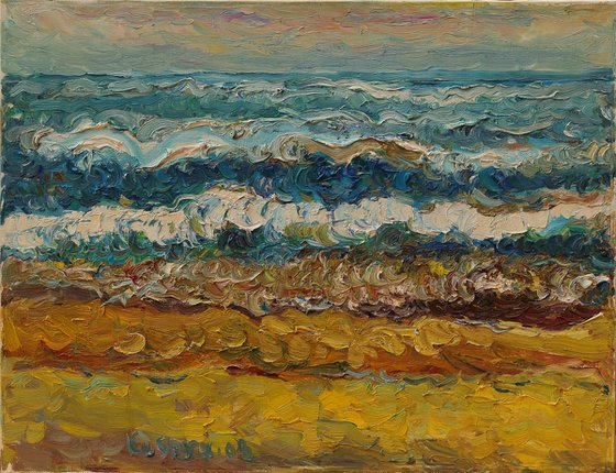 BENGAL BAY WAVES - Landscape art, waterscape, marina, ocean, beach, sun, sky, sunset, light on water, original oil painting, summer, wave, blue, yellow, warm colours, nature impressionism art office interior home decor, gift 50x65