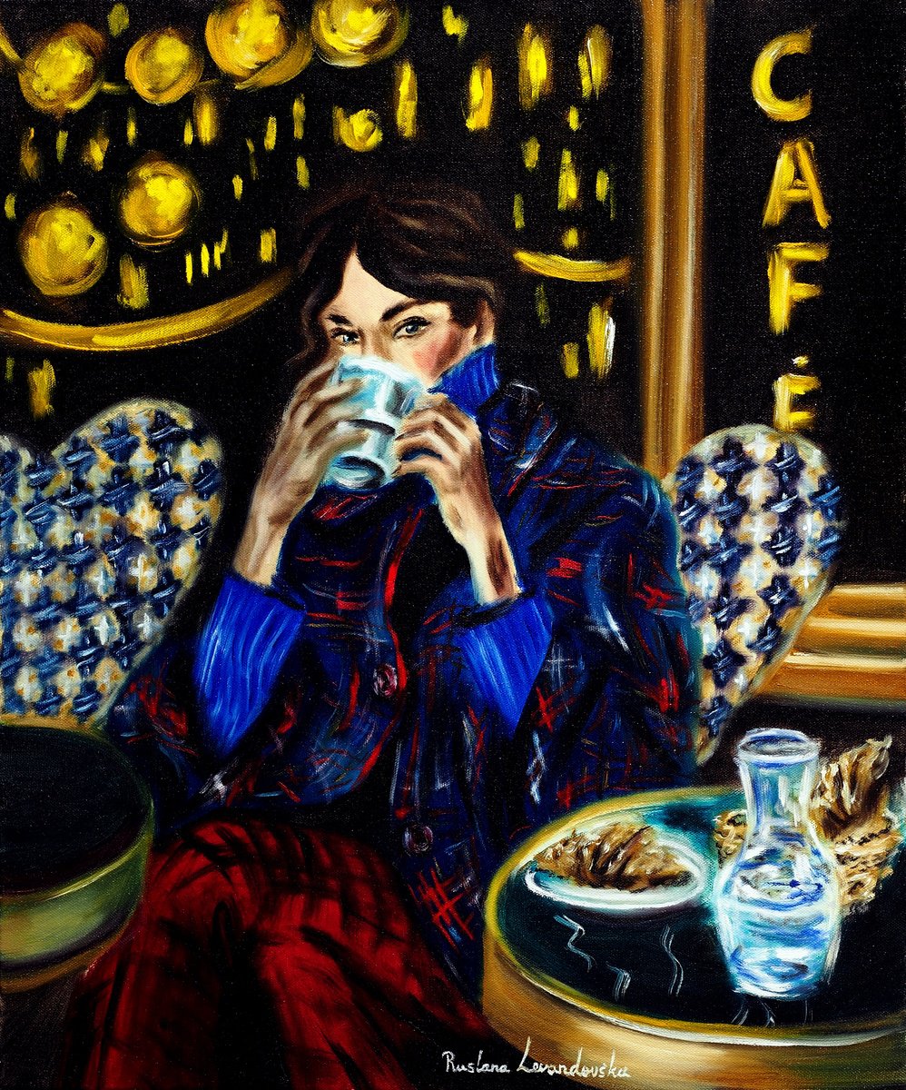 Impressionistic Portrait Oil Painting By Ruslana Levandovska, 20 X 24", Woman At A Parisian Terrace, Original Artwork