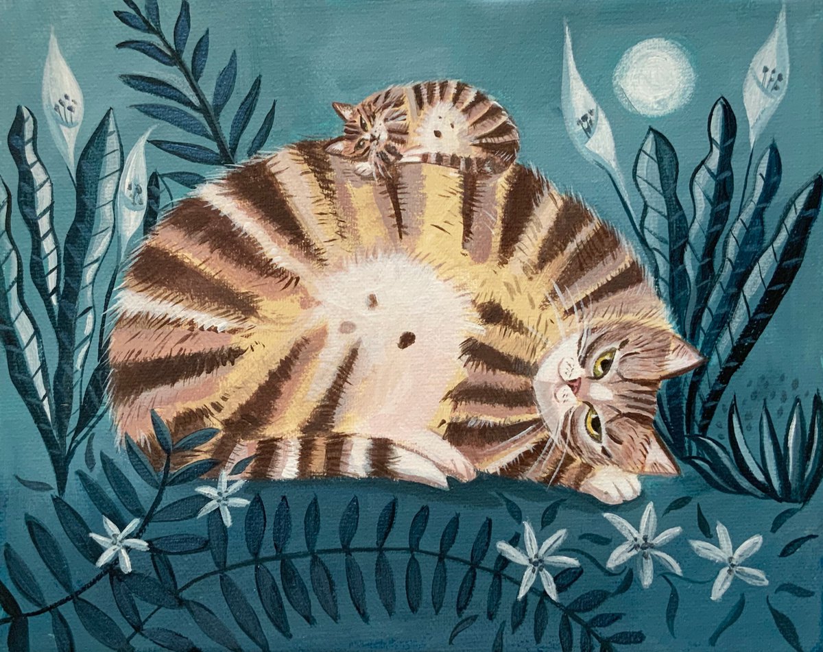 Naive Acrylic Painting , Tabby Nap With Kitten By Mary Stubberfield, 10 X 8, Artwork For Sale On Artfinder
