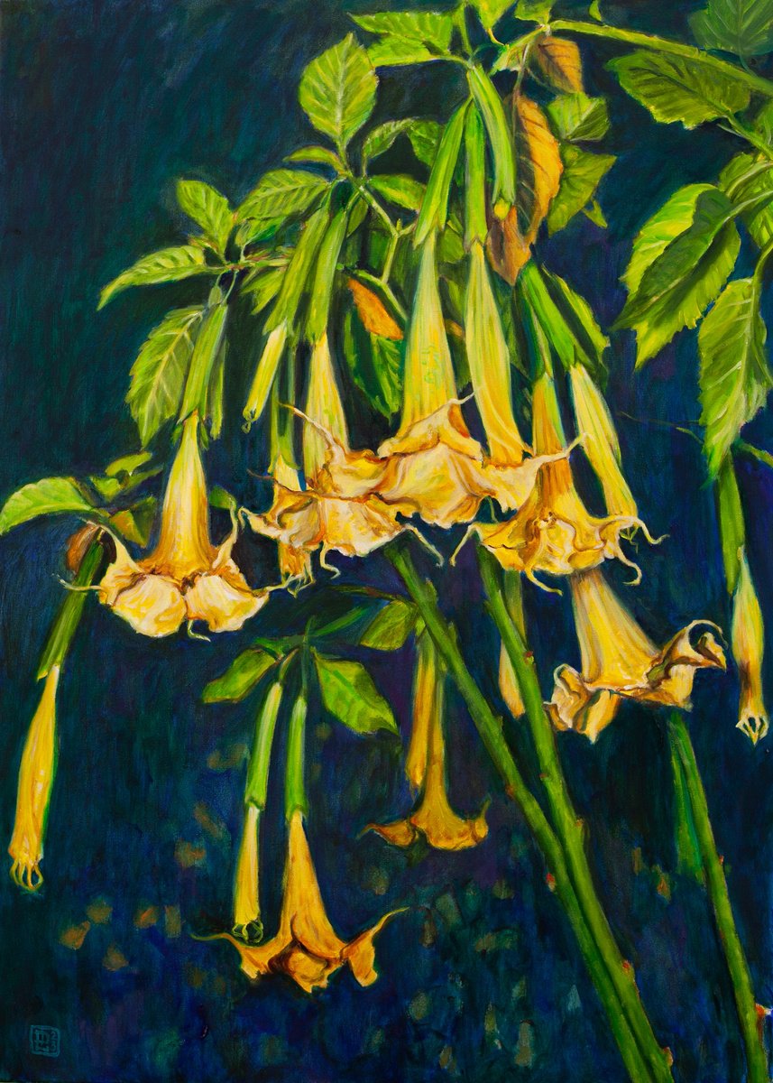 Impressionistic Botanical Oil Painting By Liudmila Pisliakova, 20 X 28", Angels Trumpets Ii, Original Artwork