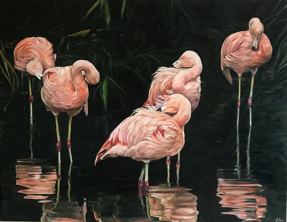 Oil painting "Flamingo Family" 130 * 100 cm