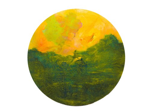 Green landscape with yellow sky - oil on circular canvas by Fabienne Monestier