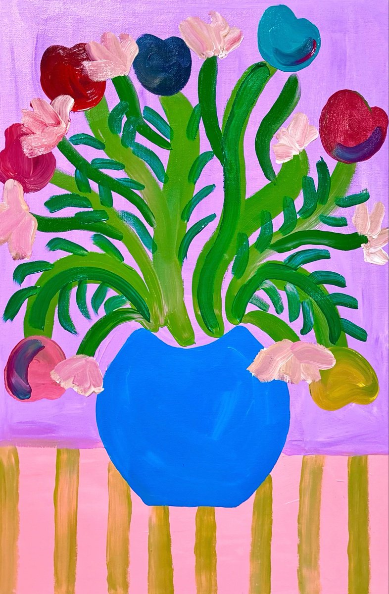 Urban And Pop Botanical Acrylic Painting By Aurora Camaiani, 16 X 24, Tulips And Petunias, Original Artwork