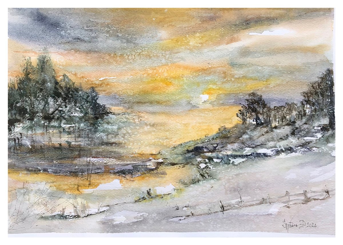 Impressionistic Landscape Watercolour By Snezana Djordjevic, 20 X 14", A Winter Day -2, Original Artwork