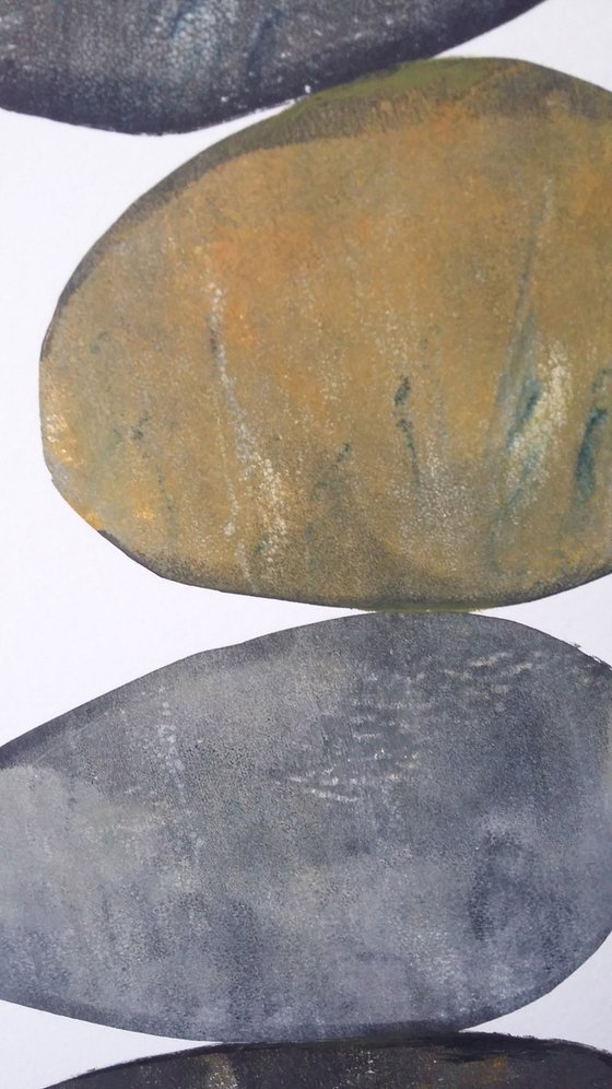 Zen stones - Twelve stones #9  ( banded balancing stones lino/monoprint)