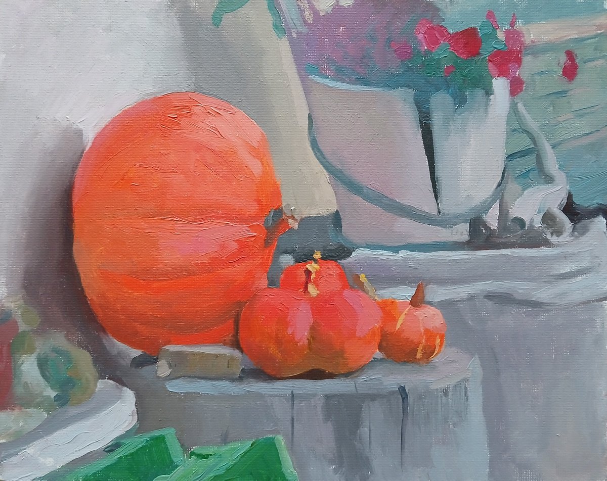 Impressionistic Still Life Oil Painting By Vasyl Koval, 12 X 9", Swiss Pumpkins, Original Artwork