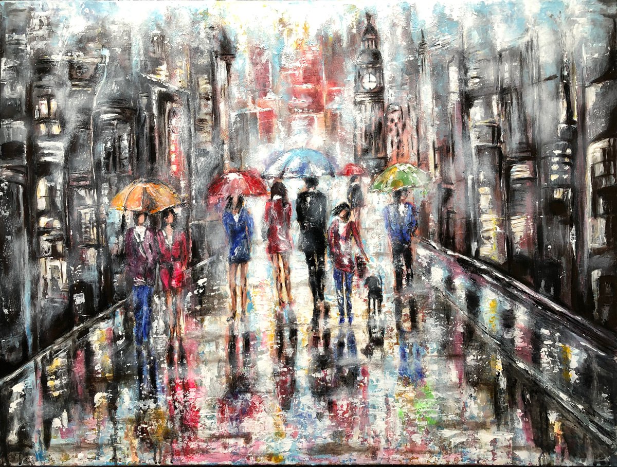 Impressionistic Cityscapes Acrylic Painting By Misty Lady - M. Nierobisz, 40 X 30", Walking In The Foggy London, Artfinder