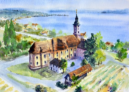 Wallfahrtskirche Birnau mit blick auf den Bodensee Germany 25x36 cm 2022 by Nenad Kojić watercolorist