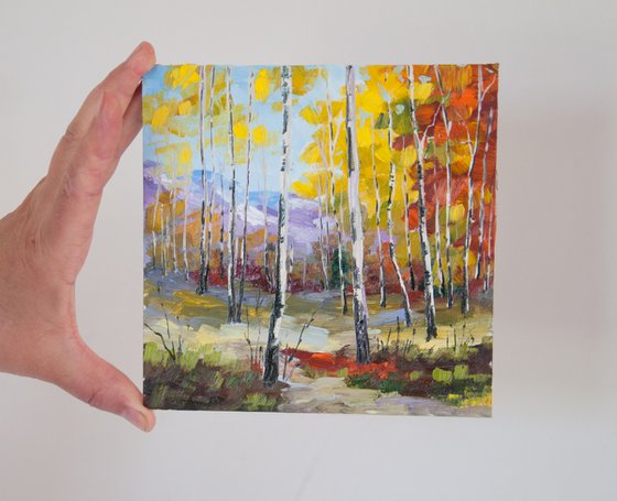 Birches. Oil painting. Forest landscape. Miniature. 6 x 6 in.