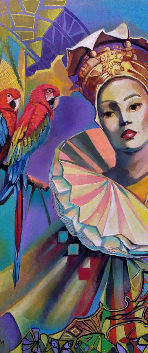 " Joker " - 80 x 80cm Original Oil Painting Parrots by Reneta Isin