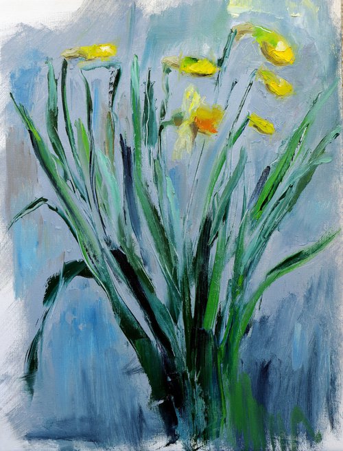 Vibrant Daffodils Flower Painting on Paper - Charming Floral Artwork by Anna Lubchik