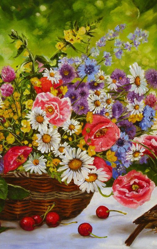 Wildflower Basket with Birds by Natalia Shaykina