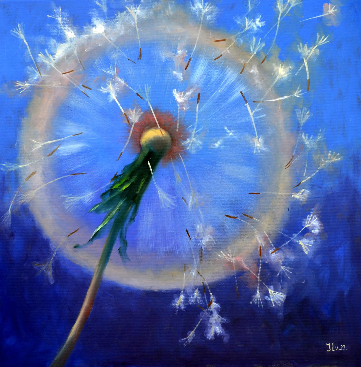 Impressionistic Botanical Oil Painting By Elena Lukina, 24 X 24, Dandelions In Flight, Original Artwork