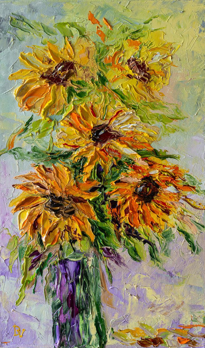 Impressionistic Botanical Oil Painting By Vladyslav Durniev, 12 X 20", Bouquet Of Sunflowers, Original Artwork